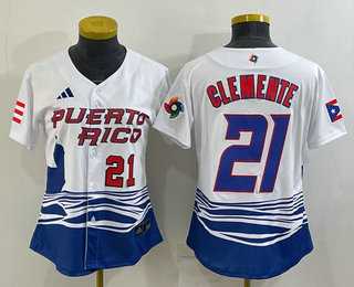 Womens Puerto Rico Baseball #21 Roberto Clemente Number 2023 White World Classic Stitched Jersey->2023 world baseball classic->MLB Jersey